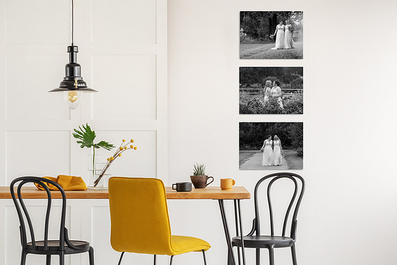 Stylish yellow chair at wooden dining table in trendy interior
